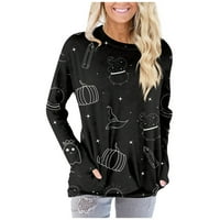 Duks za žene Ženska modna casual Okrugli vrat HALLO-Ween Print Džepni majica s dugim rukavima Top Black