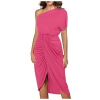 Huachen ženska midi haljina s jednim ramenom bez rukava s prorezom s podijeljenim omotom, Pink XL
