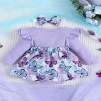 Haljina za djevojčice Romper leptir Print rebrasta pletena suknja dugih rukava Hem kombinezoni odjeća za novorođenčad bebi bodi sa trakom za glavu