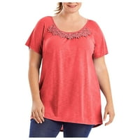 Ženski vrhovi Ženski modni Soild boja čipkasti kratki rukavi majice Plus Veličina okrugli vrat vrhovi crveni XL
