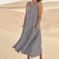 Ersazi ženska ljetna moda Casual jednobojne pamučne lanene duge haljine haljine za žene Casual 4-Grey