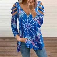 Jesen elegantni vrhovi za žene izdubite Retro Print V-izrez majicu bluza Plava M