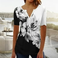 Ženske vrhove Henley grafički otisci Bluza Casual Women Loase Fit Short rukav ljetni bluze crne s