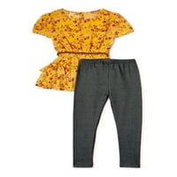 Forever Me Girls Belted cvjetna šifonska tunika i pletene traper tajice 2-dijelni komplet odjeće, veličine