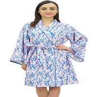 Bimba ženski list štampani plavi pamučni Poplin djeveruša Kimono pokrivač ogrtača-6