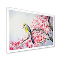 Lijepa crvena ptica sjedi na cvjetnoj grani II uokvirena slika na platnu Art Print
