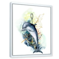 Designart' Linear coral Reef Plants and Dolphin Turtle Anchor ' Nautical & Coastal Framed Canvas Wall