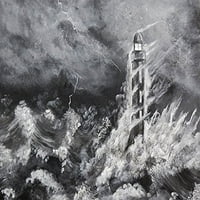 Stormy Ed Capeau Giclee izdanje Art Print Poster Obalni Svjetionik savršeni olujni talasi crno-bijeli