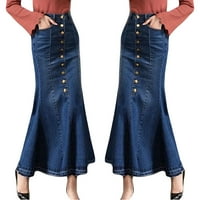 Ženski trendovi ženski trendovi Dugi visoki struk džep prednji frontni rečni repni maxi suknje plavi l