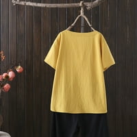 PhoneSoap žene Casual čvrste posteljine dugme kratki rukav džep košulju bluza Loose Top žuta XXL