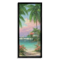 Tropske Palme Na Plaži Usidrene Čamce Obalna Slika Crno Uokvirena Umjetnost Print Zidna Umjetnost