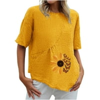 Ljetni vrhovi za žene cvjetni print pamučni posteljina džepa pulover posade kratka majica casual izlasci