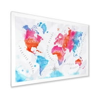 Designart 'Karta Svijeta u plavoj i ružičastoj boji' moderni uokvireni umjetnički Print