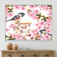 Ptice za čaj i ružičaste cvijeće Uokvireno slikanje platno Art Print