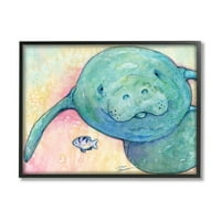 Stupell Industries Smiling Manatee Aquatic Wildlife Fish Rainbow Pattern Painting Black Framered Art Print