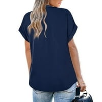 Ženska jesenska Moda, ženski vrhovi, modna žena Kauzalni V-izrez čvrsta bluza kratki rukav majica vrhovi tamno plavi XXL
