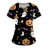 Bazyrey Halloween piling vrhovi za žene modni Halloween štampani kratki rukavi V-izrez vrhovi radni džepni bluza Crni 3xl