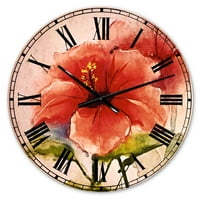 Designart' Akvarelno slikarstvo crveni cvijet hibiskusa ' tradicionalni zidni sat